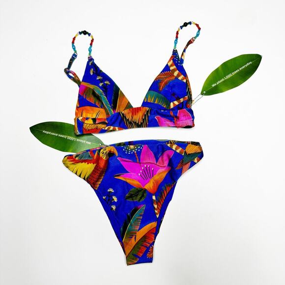 Farm Rio Macaw Tropical Print Beaded Bikini Set Size Small Top & Medium Bottom - Picture 2 of 16